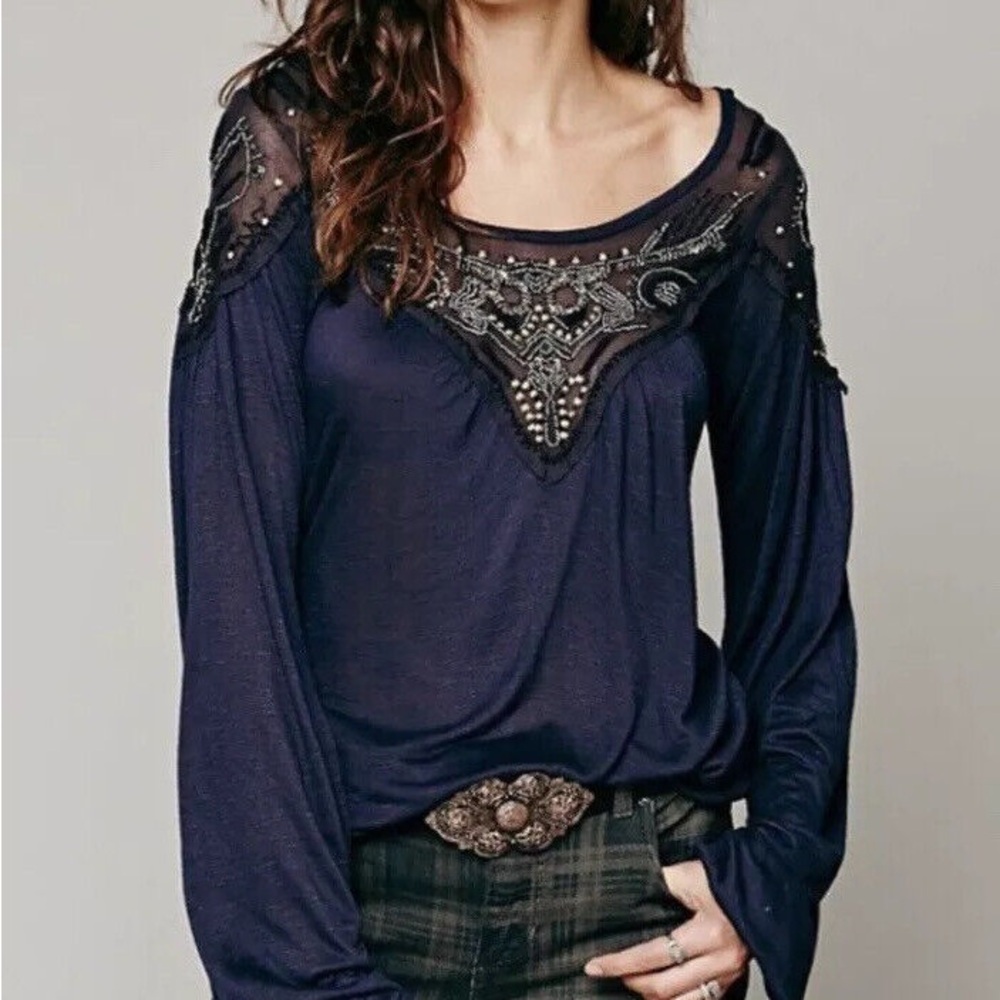 Free People Blue Sky Beaded Blouse – Boho Embroidered Top